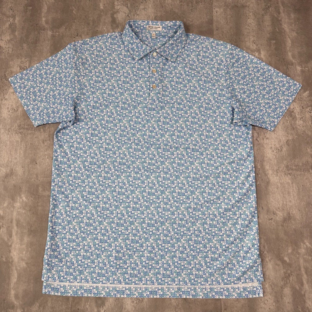 Peter Millar Summer Comfort Polo Men's L Blue White Geometric Print Golf Shirt